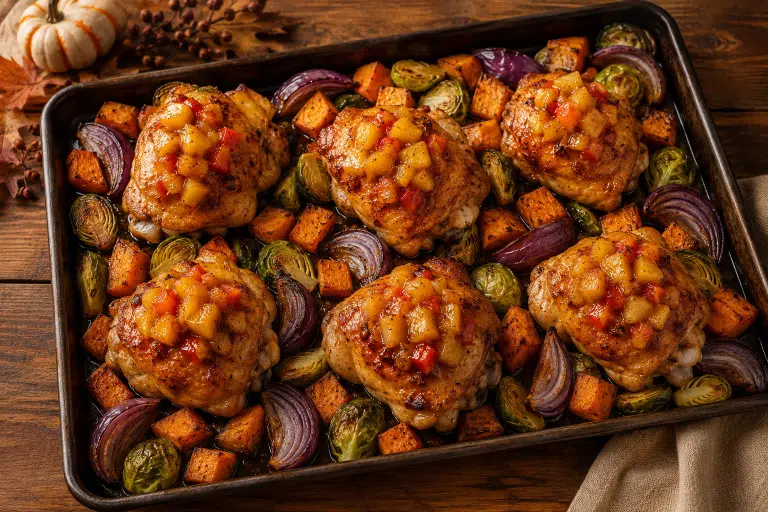 Sheet Pan Peach Salsa Chicken Thighs with Roasted Fall Vegetables