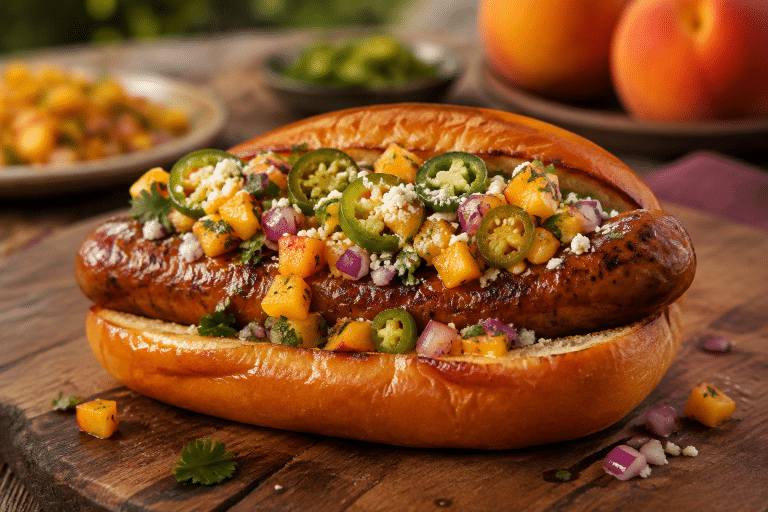 Jalapeño Cheddar Brat with Peach Salsa